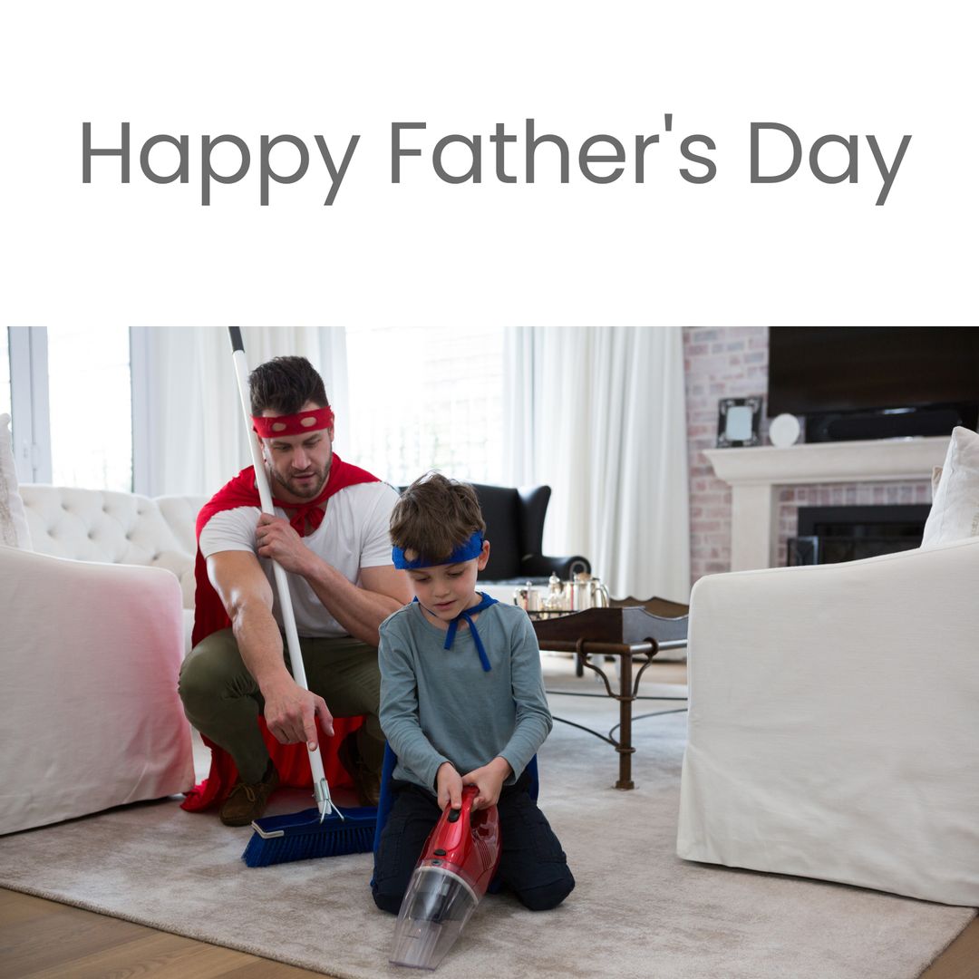 Happy father's day text and caucasian father and son playing superheroes - Download Free Stock Templates Pikwizard.com
