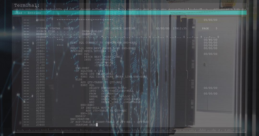 Modern Data Center with Server Cabinets and SQL Code Overlay