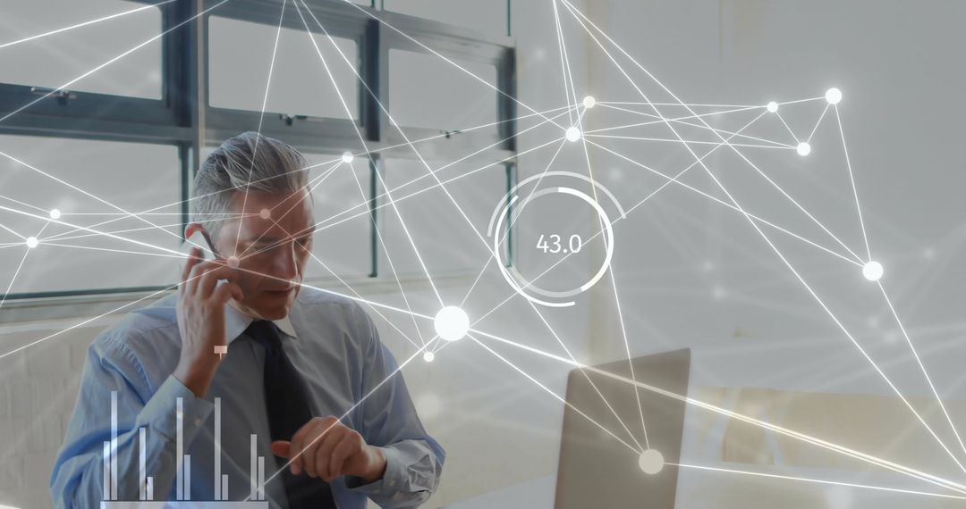 Businessman Analyzing Data on Laptop with Digital Connections Concept