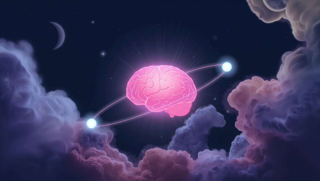 Surreal Pink Brain with Orbiting Spheres in Cloudy Nebula