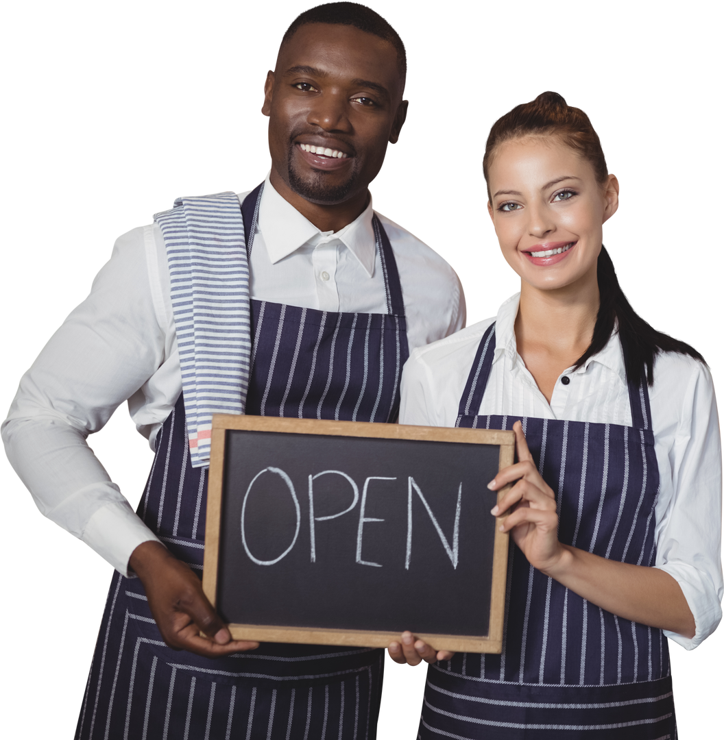 Smiling Wait Staff Holding Open Sign Chalkboard Transparent Background - Download Free Stock Images Pikwizard.com