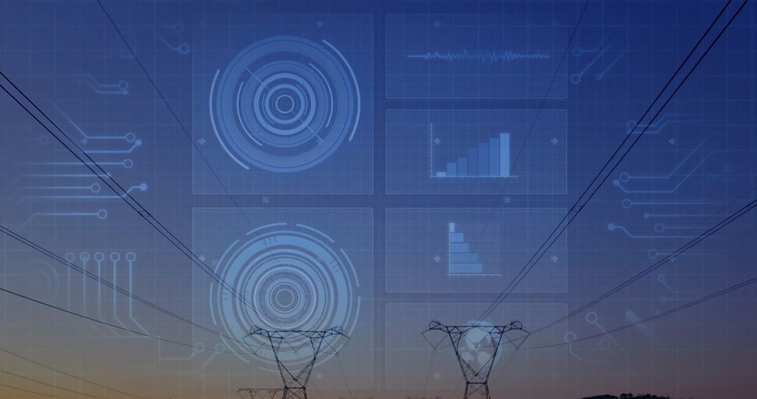 Futuristic Energy Grid with Data Overlays at Dusk