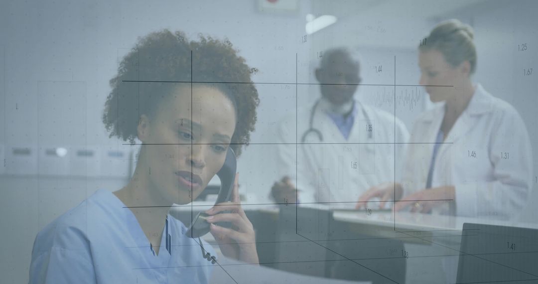Nurse Holding Corded Telephone and Reviewing Patient Documents at Clinic Reception Desk