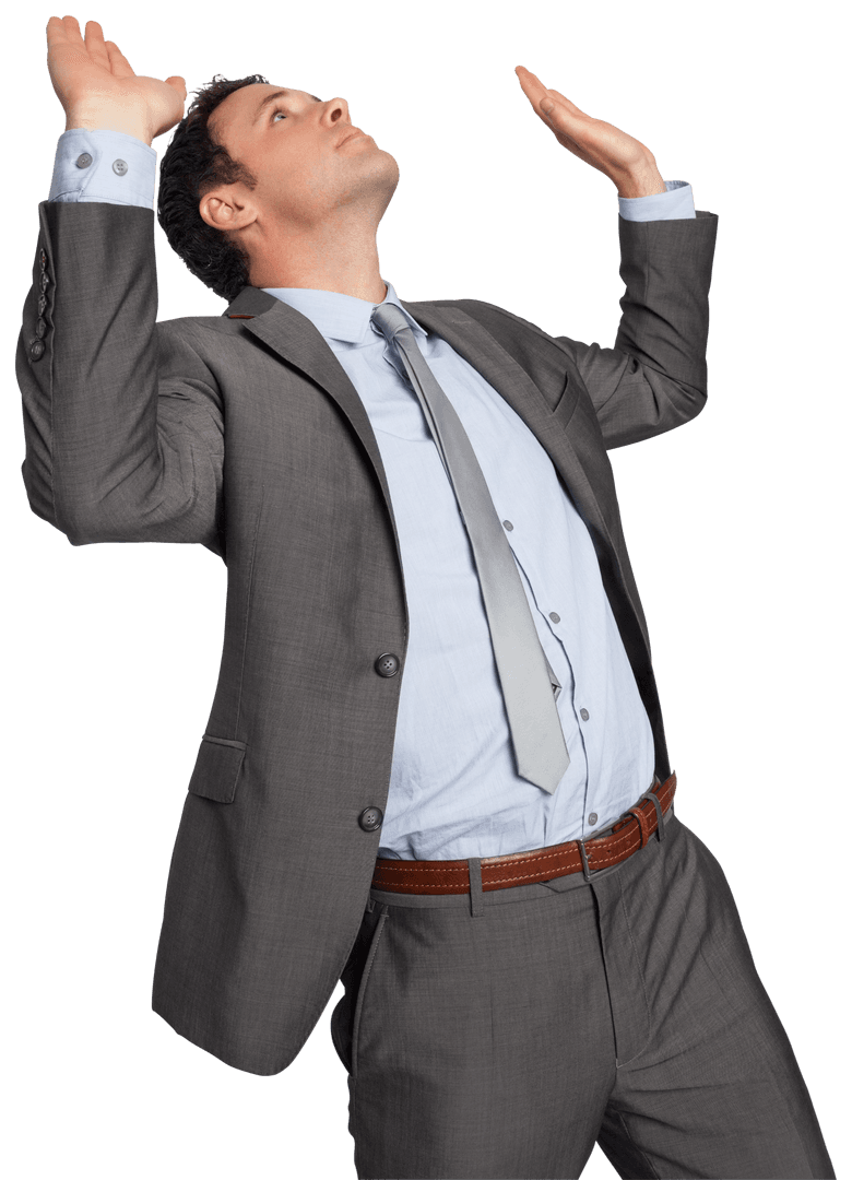 Caucasian Businessman Looking Up with Hands Raised on Transparent Background