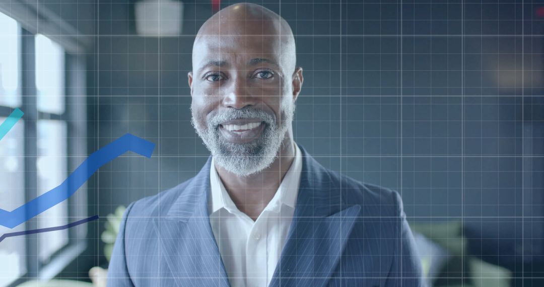 Smiling Businessman With Financial Data Graph in Modern Office
