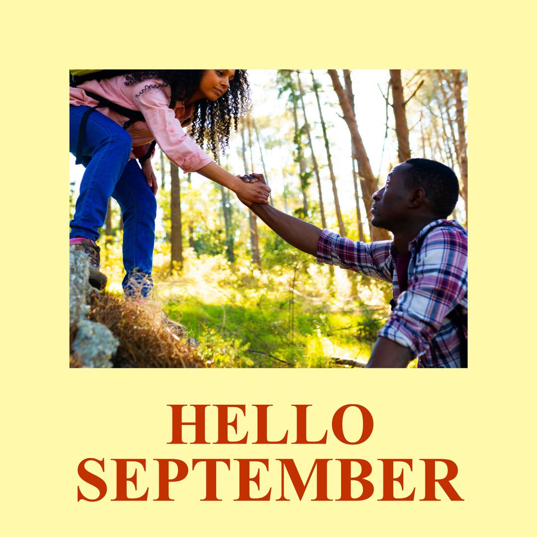 Biracial Couple Exploring Forest Saying Hello to September