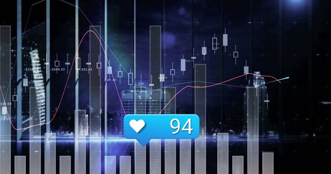Nighttime Financial Chart Analysis with Notifications in Urban Skyline