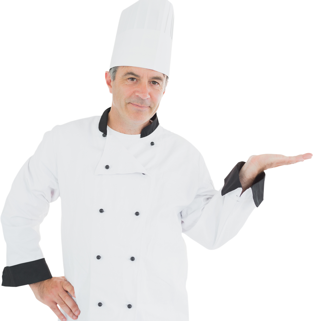 Smiling Chef with Hand Gesture Inviting to Enjoy Food - Download Free Stock Images Pikwizard.com