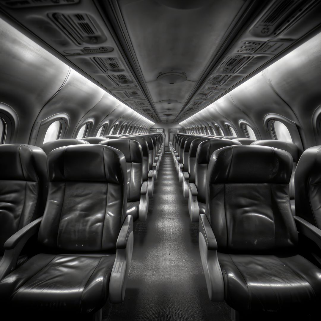 Interior of airplane with empty seats in black and white, created using generative ai technology - Free Images, Stock Photos and Pictures on Pikwizard.com