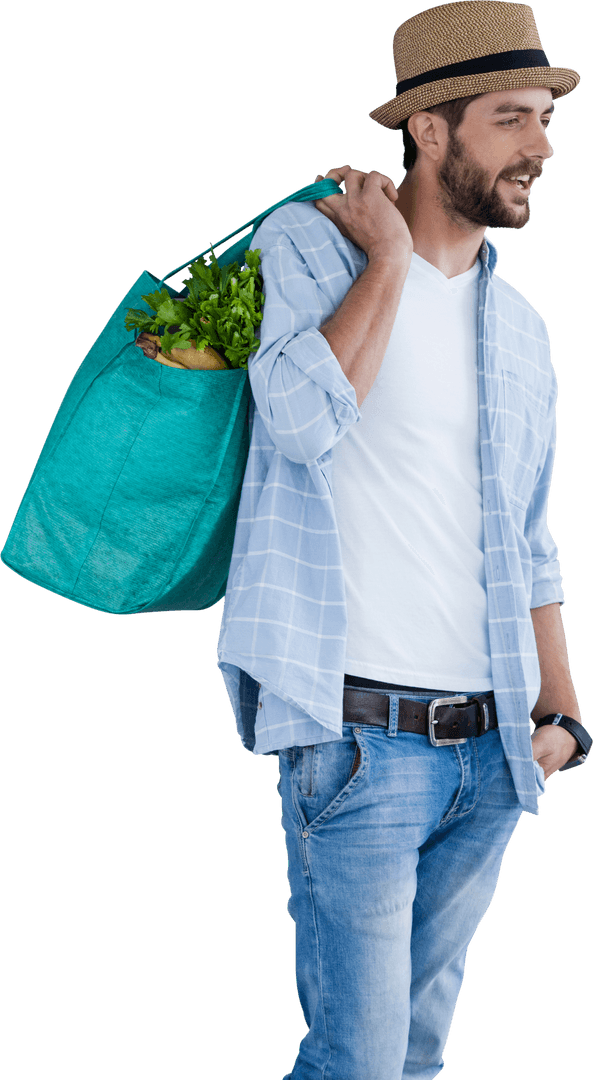 Trendy Man Holding Tote Bag with Fresh Vegetables Transparent Background