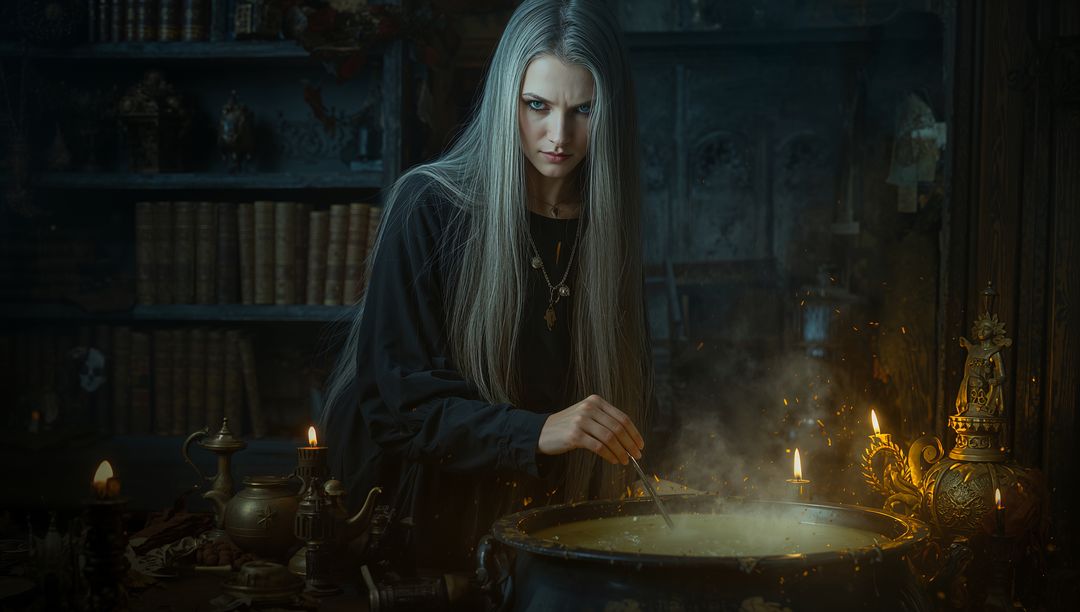 Mysterious Sorceress Crafting Potion in Gothic Study