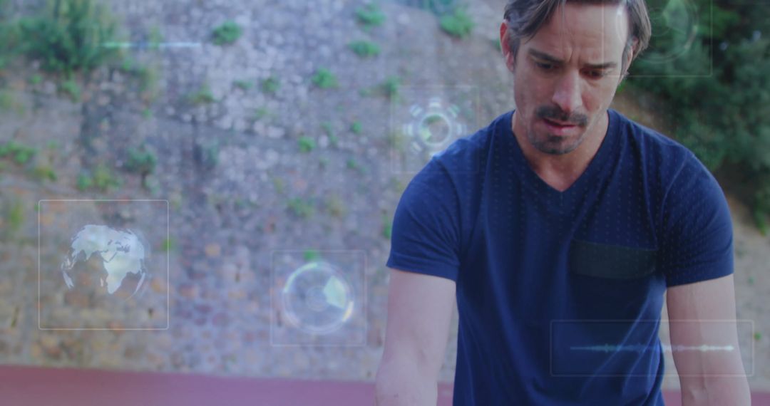 Man Interacting with Holographic Data Outdoors