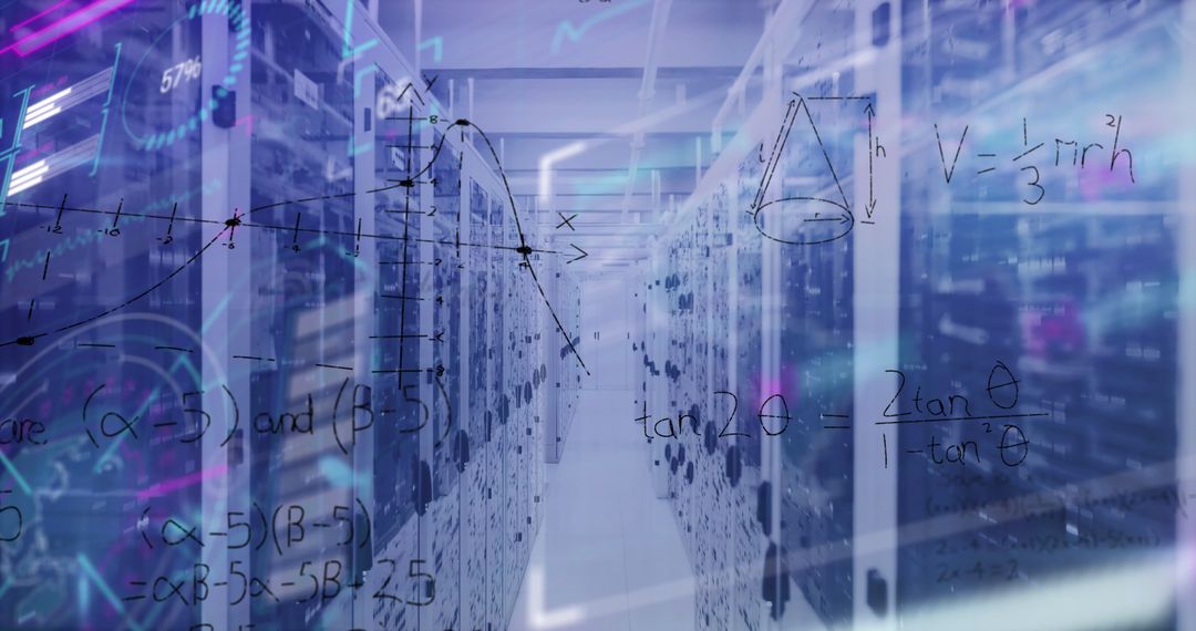 Mathematics Overlaid on Server Room for Data Analysis Concept