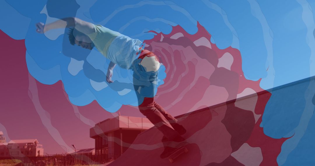 Caucasian Man Skateboarding with Vivid Overlays