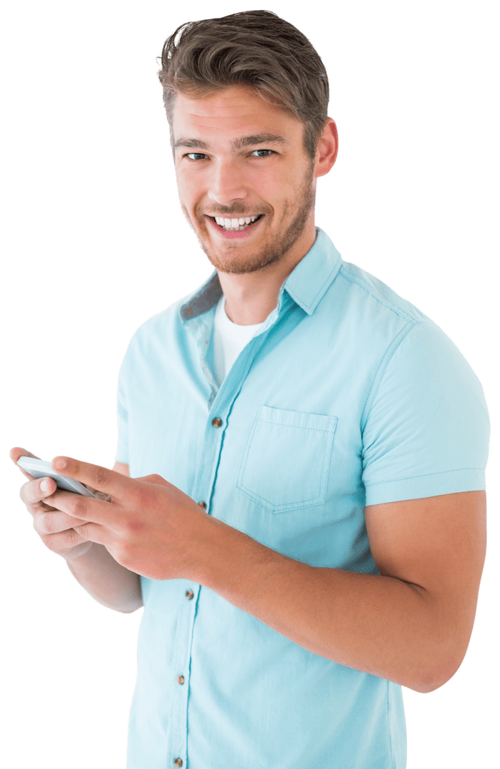 Smiling Young Man Holding Smartphone on Transparent Background