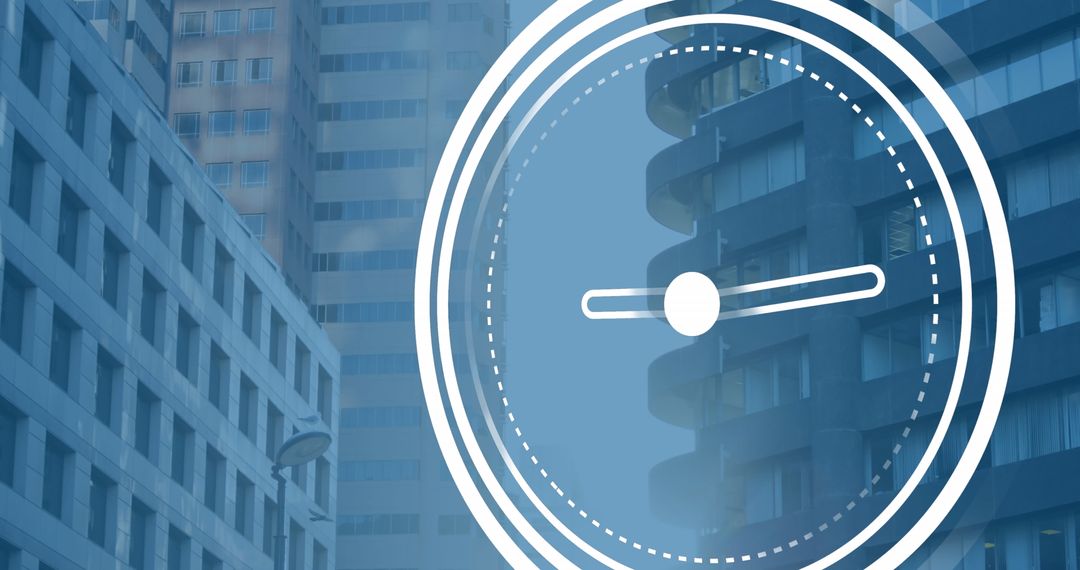 Digital Clock Interface Overlaying Modern City Skyscrapers