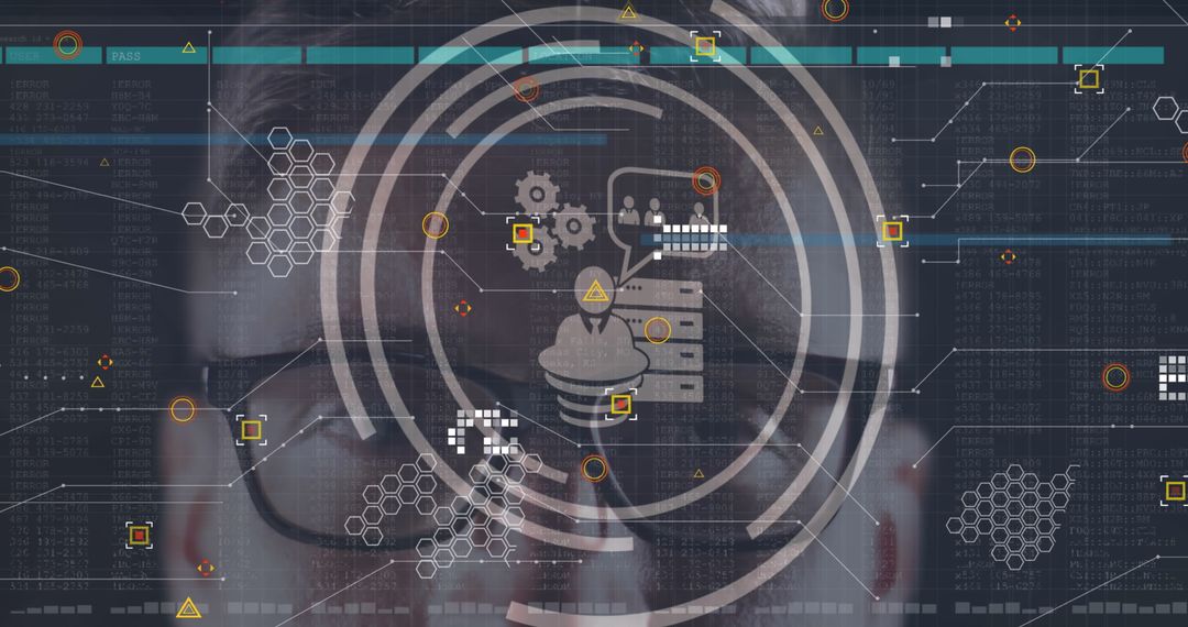Digital Interface Overlay on Caucasian Man with Tech Icons