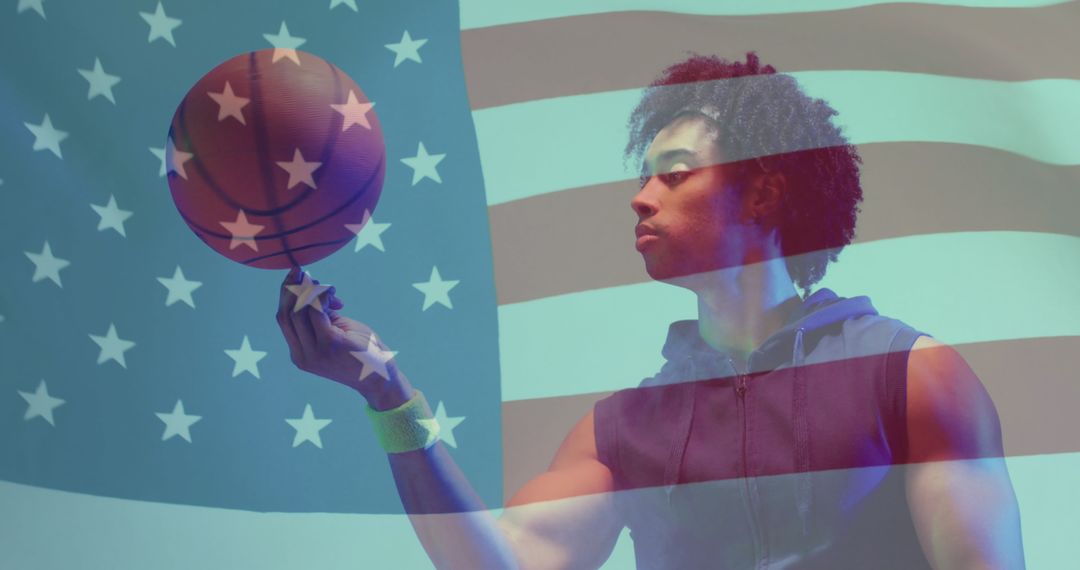 Basketball Player Showcasing Patriotism with Ball and Flag