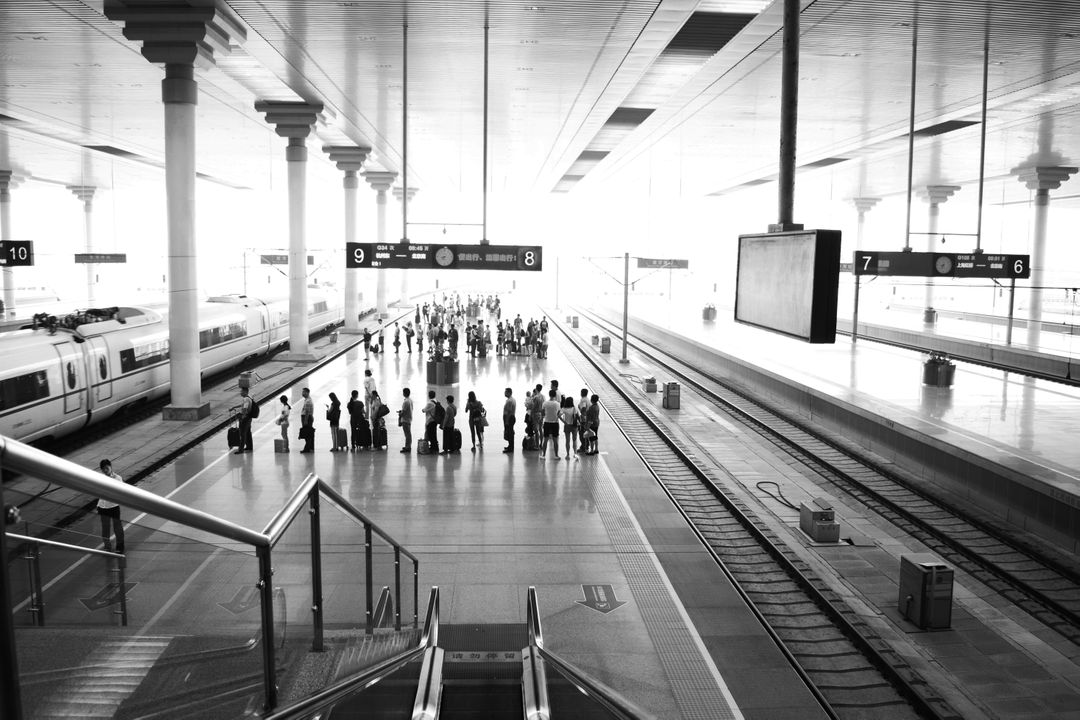 Large group of passengers waiting on train platform in bright station - Free Images, Stock Photos and Pictures on Pikwizard.com