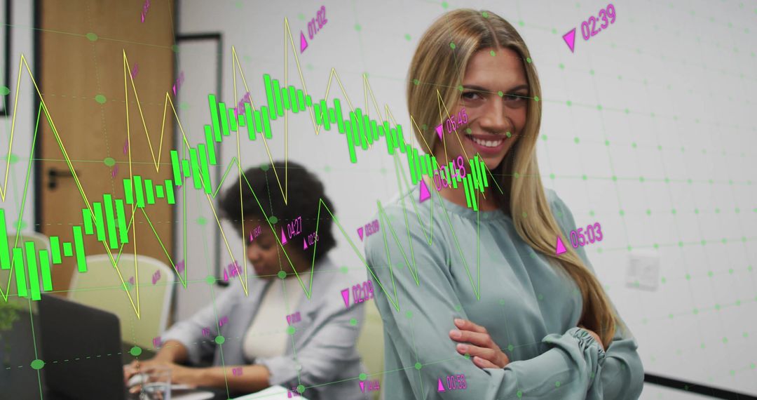 Smiling Business Professionals Analyzing Financial Data Trends