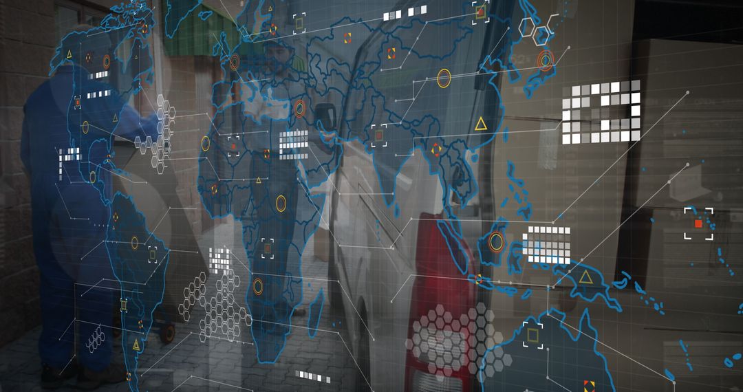 Delivery Personnel with Digital World Map Interface Overlay