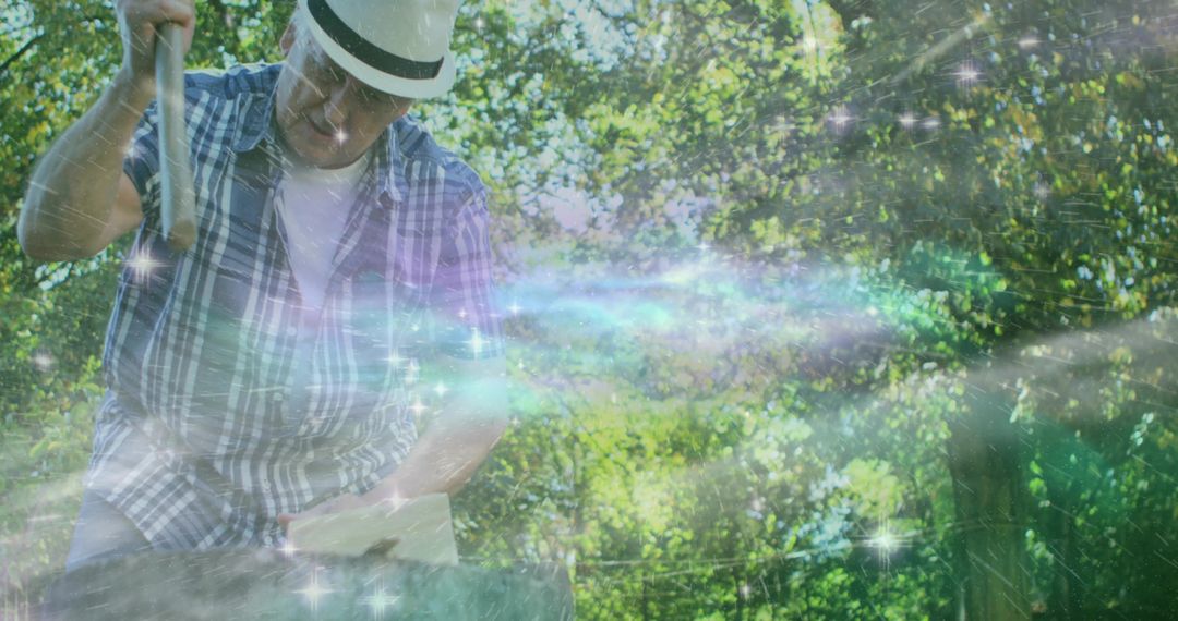 Man in Hat Chopping Wood Amidst Fantasy Galaxy Forest Scene