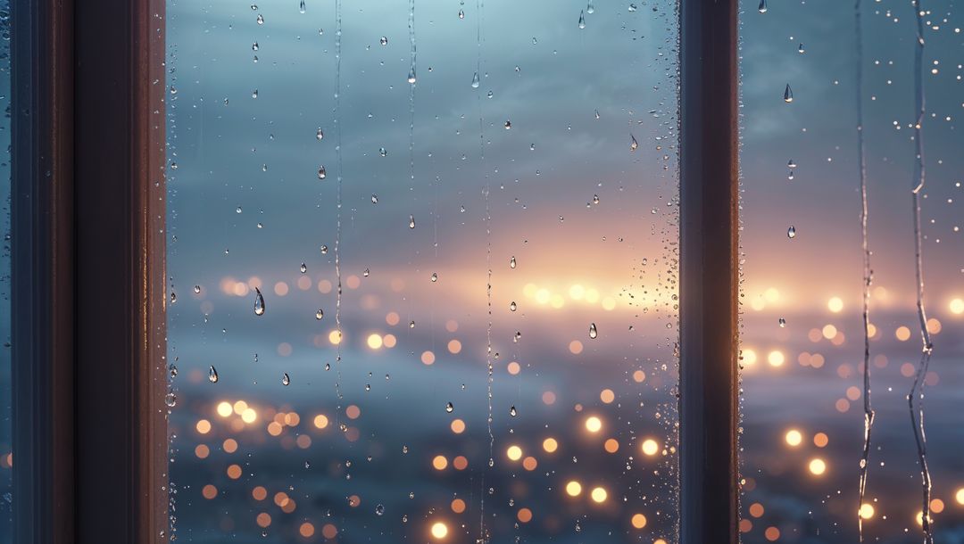 Moody Evening Cityscape Through Raindrop-Covered Window