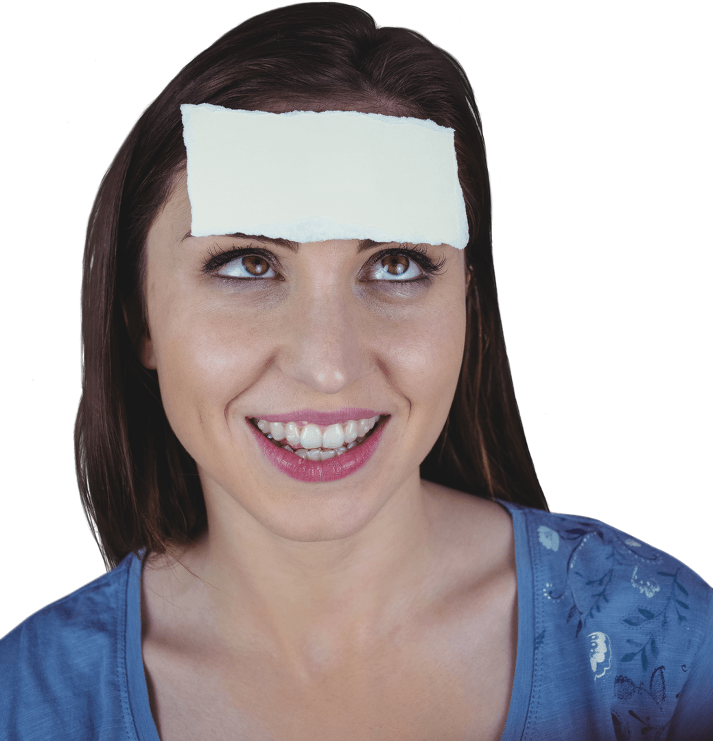 Brunette Woman With Blank Paper on Forehead Transparent Background