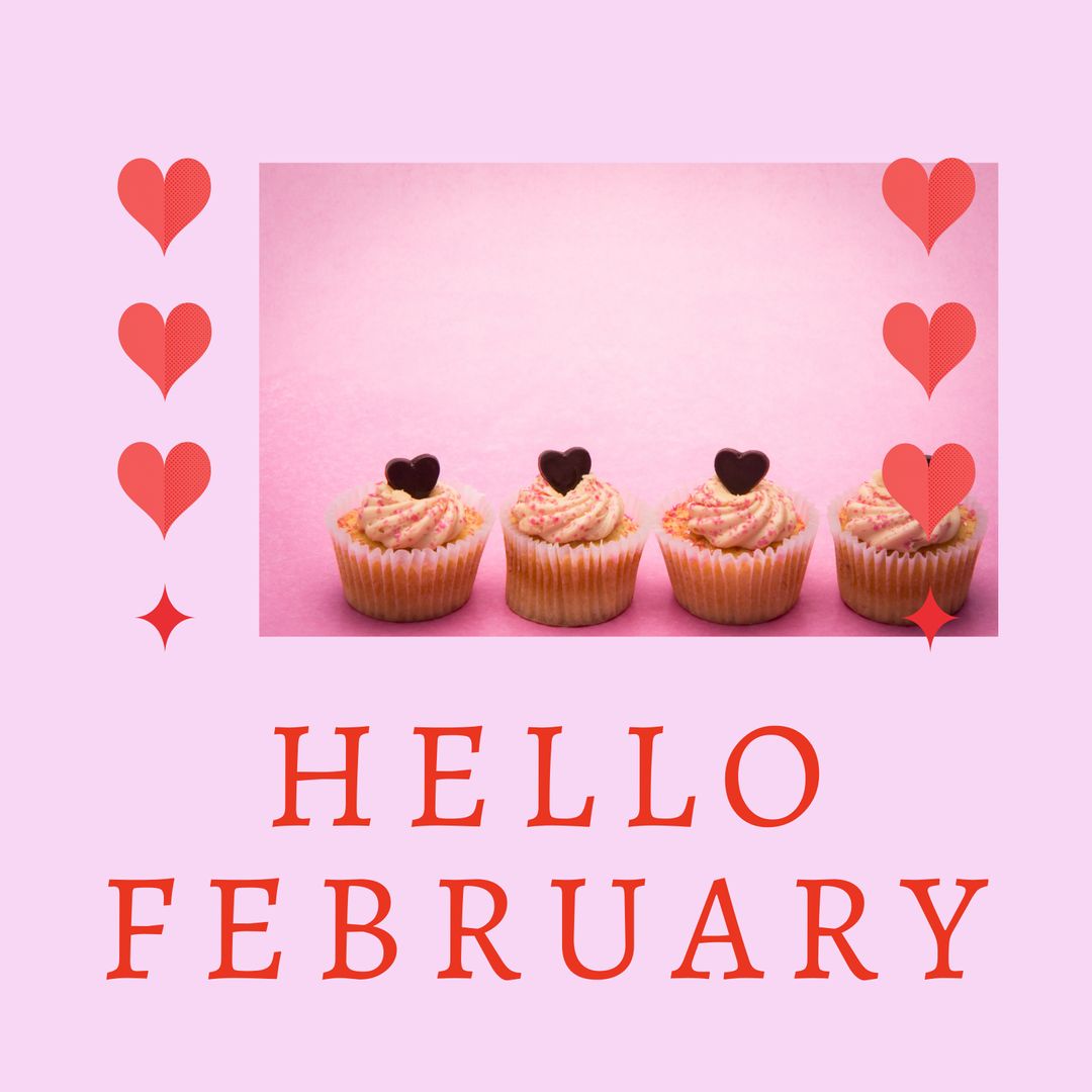 Hello February Sweet Cupcakes with Hearts on Pastel Background - Download Free Stock Templates Pikwizard.com