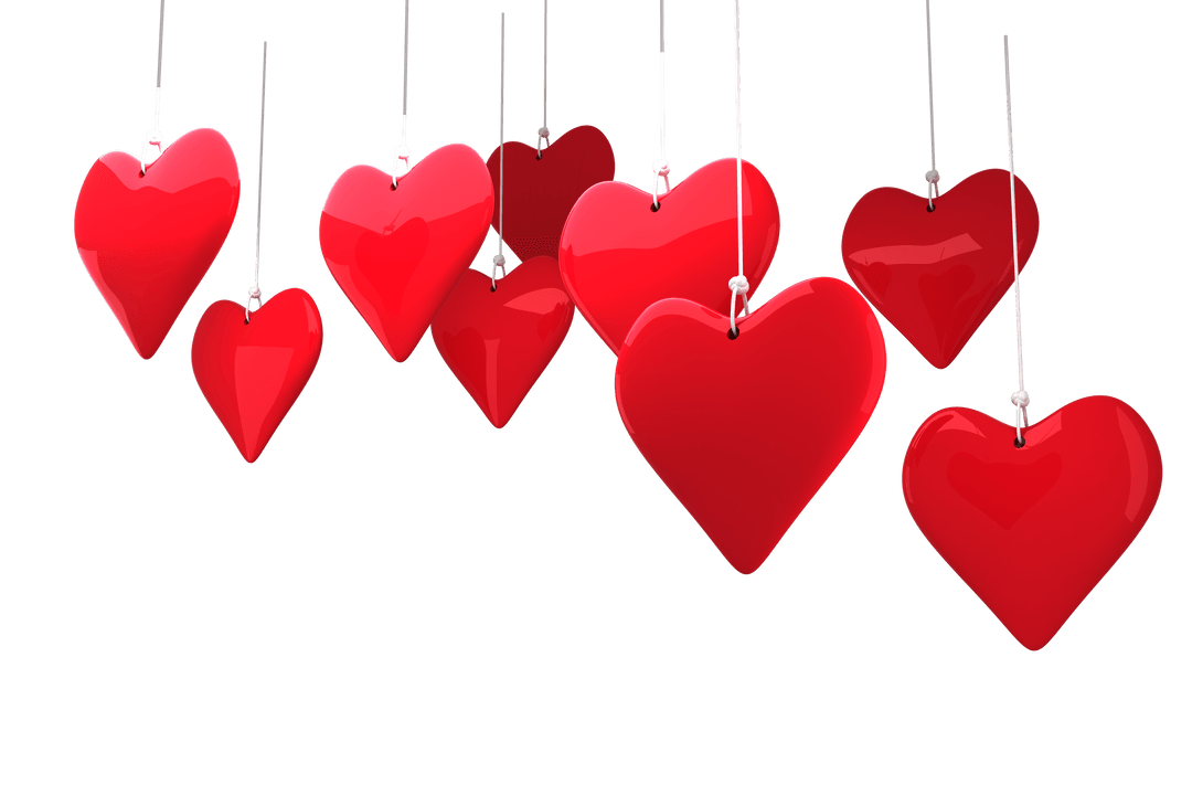 Red 3D Hearts Hanging on Transparent Background for Valentine's Day