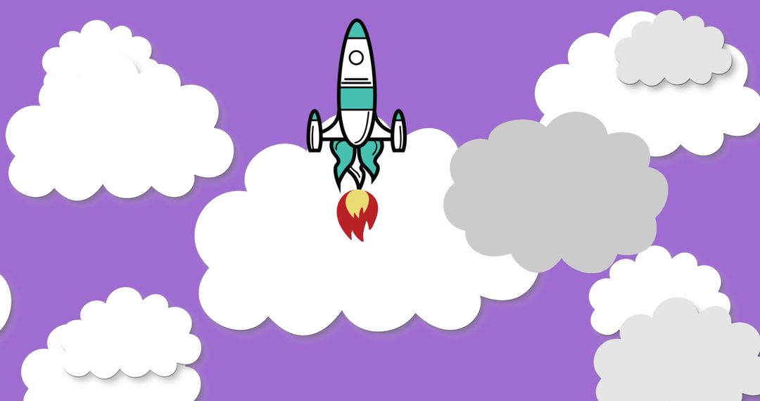 Rocket Launching Through Digital Clouds on Purple Background