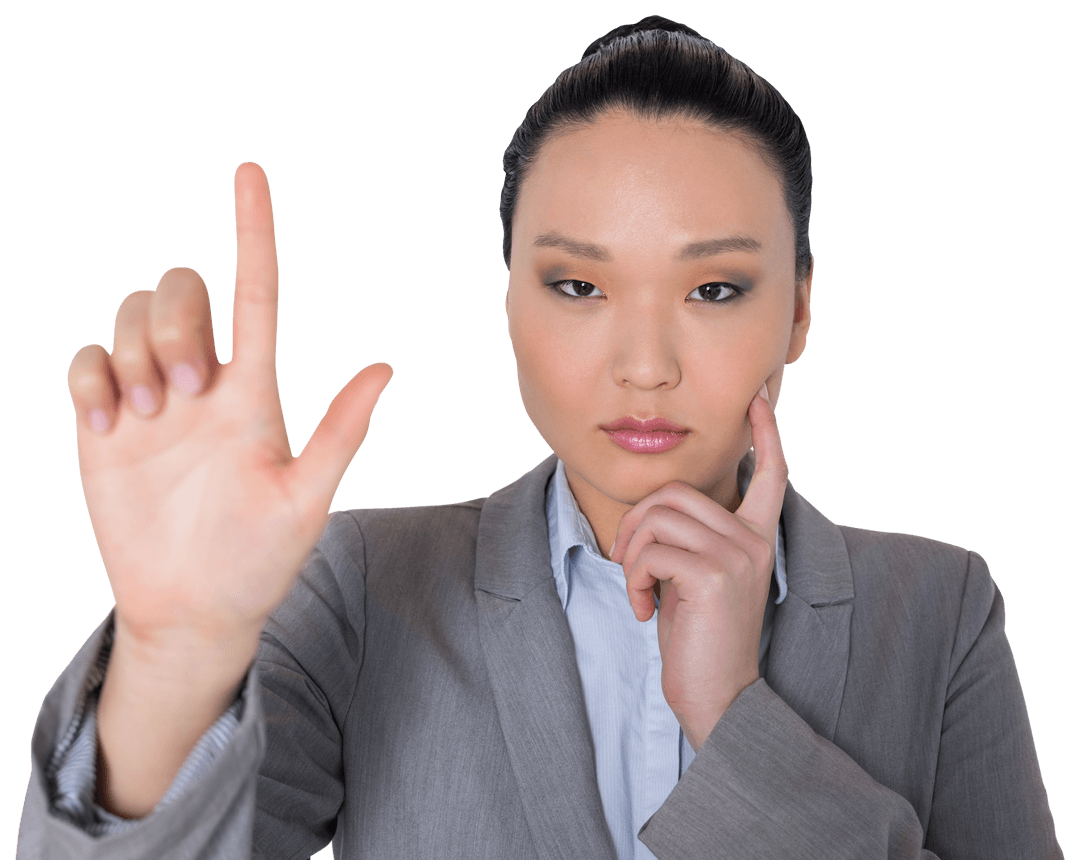 Confident Businesswoman Pointing at Virtual Data Overlay