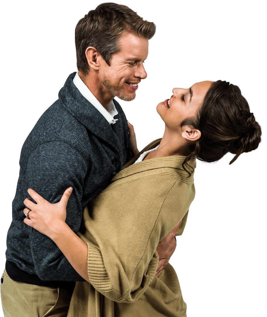 Transparent Romantic Couple Hugging Smiling in Cozy Sweaters