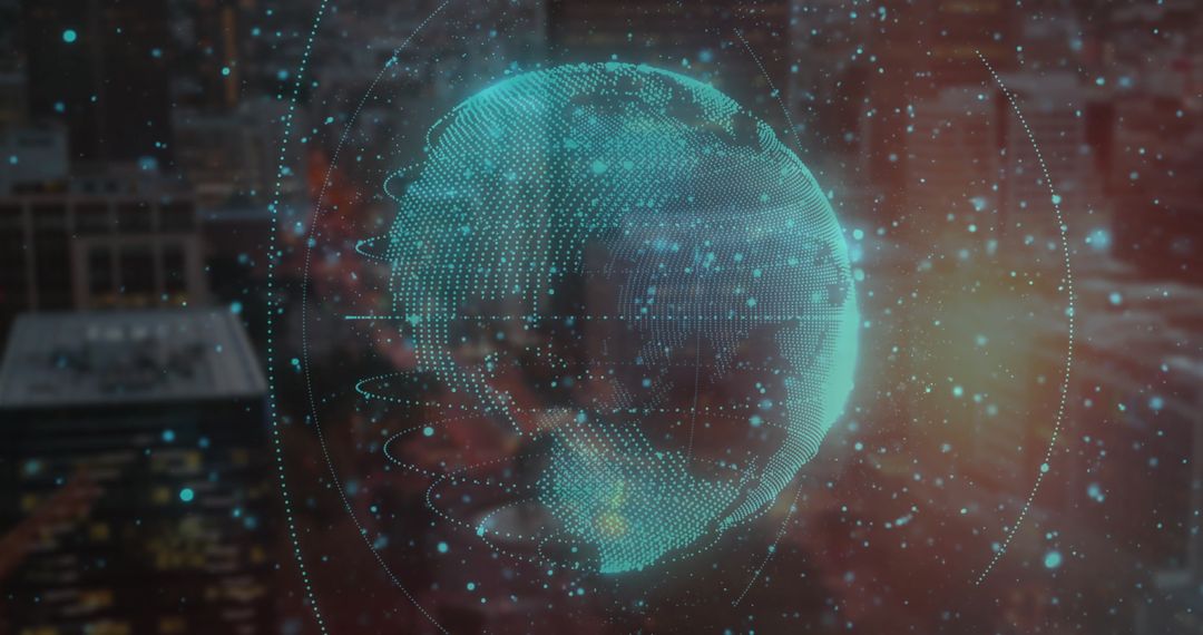 Futuristic Digital Globe with Data Networks Overlay Cityscape