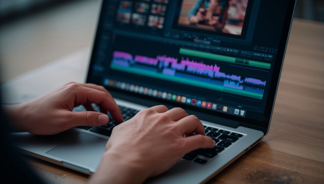 Editing video and audio on laptop keyboard hands typing timeline with colorful waveforms