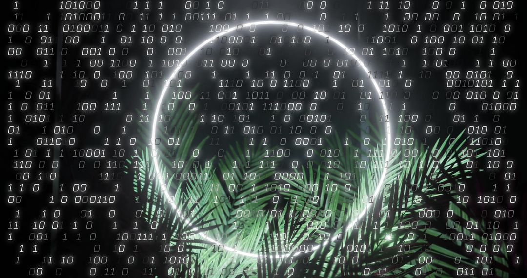 Futuristic Digital Interface with Glowing Circle and Leaves