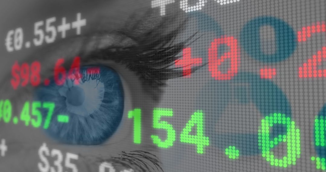 Woman's Eye with Digital Interface Overlaid with Stock Market Data