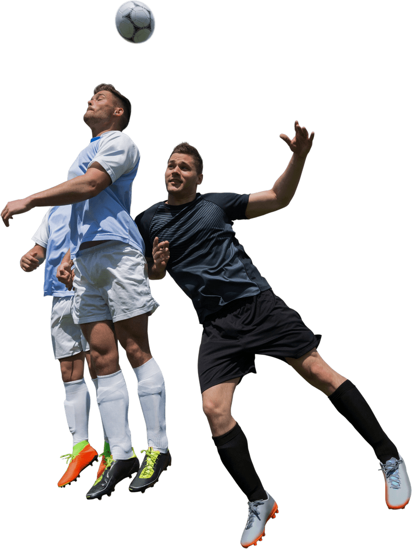 Dynamic Caucasian Soccer Players Jumping for Ball on Transparent Background