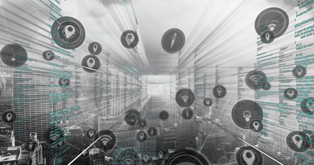 Futuristic Cityscape with Digital Network Overlay and Data Icons