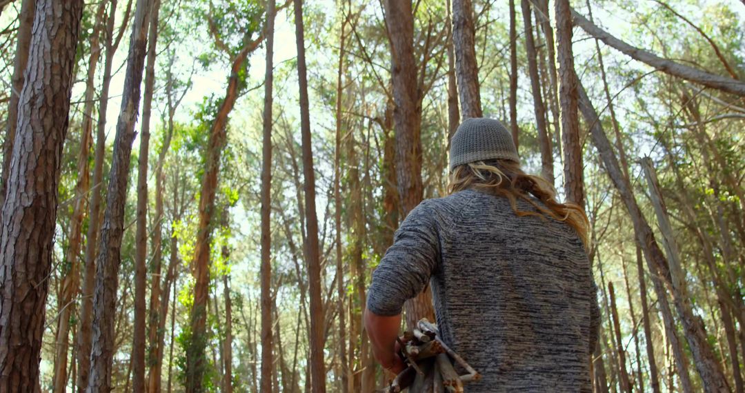 Man carrying bundle of sticks through sunlit pine forest wearing knit beanie and sweater