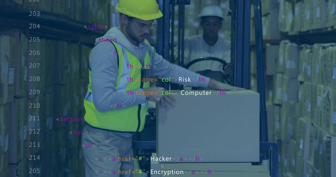 Warehouse Worker Loading Box in Storage with Digital Overlay
