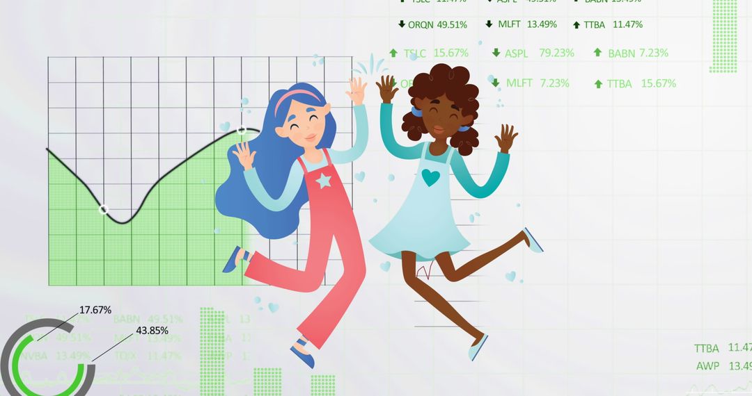 Multiracial Girls Dancing Over Financial Graphs and Trading Data