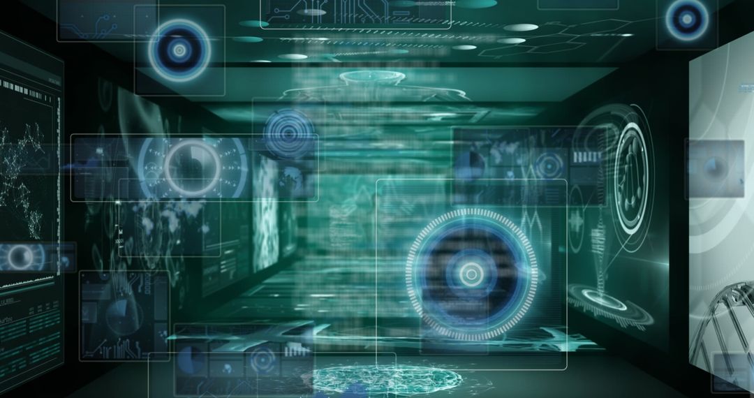 Futuristic Data Processing Room with Digital Interfaces