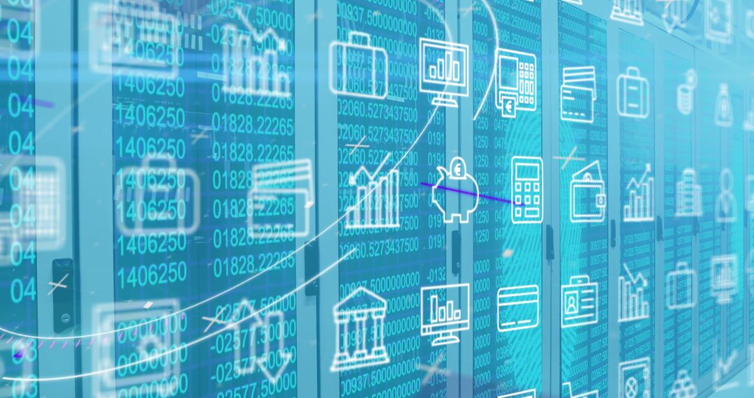 Digital Finance Icons Overlay on Data Center Background