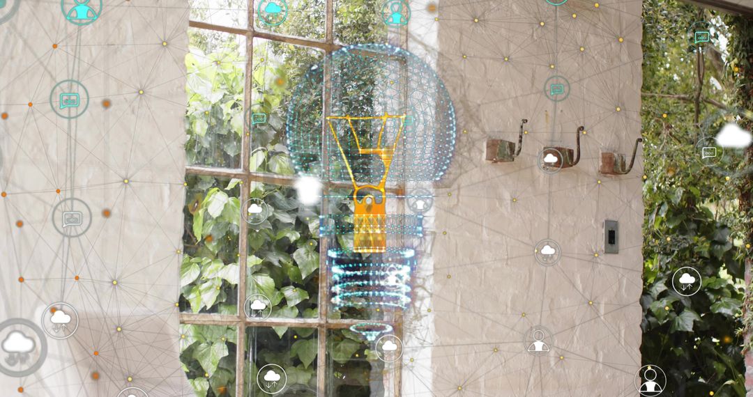 Holographic lightbulb projecting over sunroom window with cloud network overlay and greenery