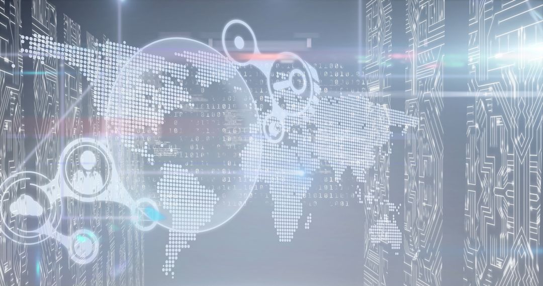 Digital Global Data Processing Map with Technology Icons