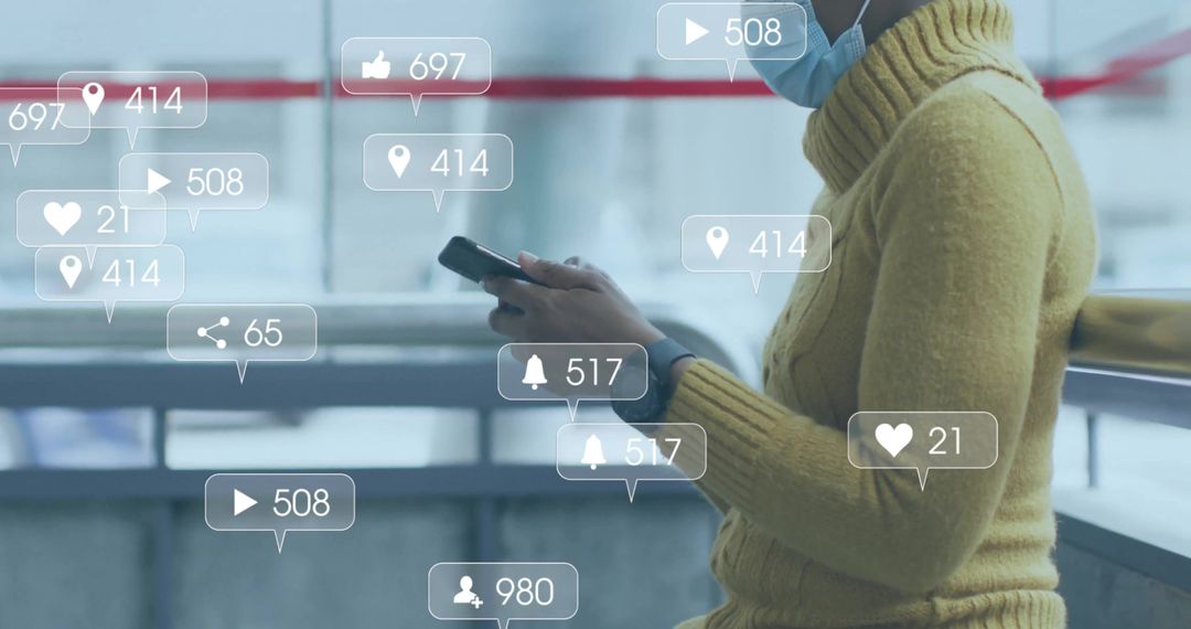 Casual Woman Using Smartphone at Terminal with Social Media Icons