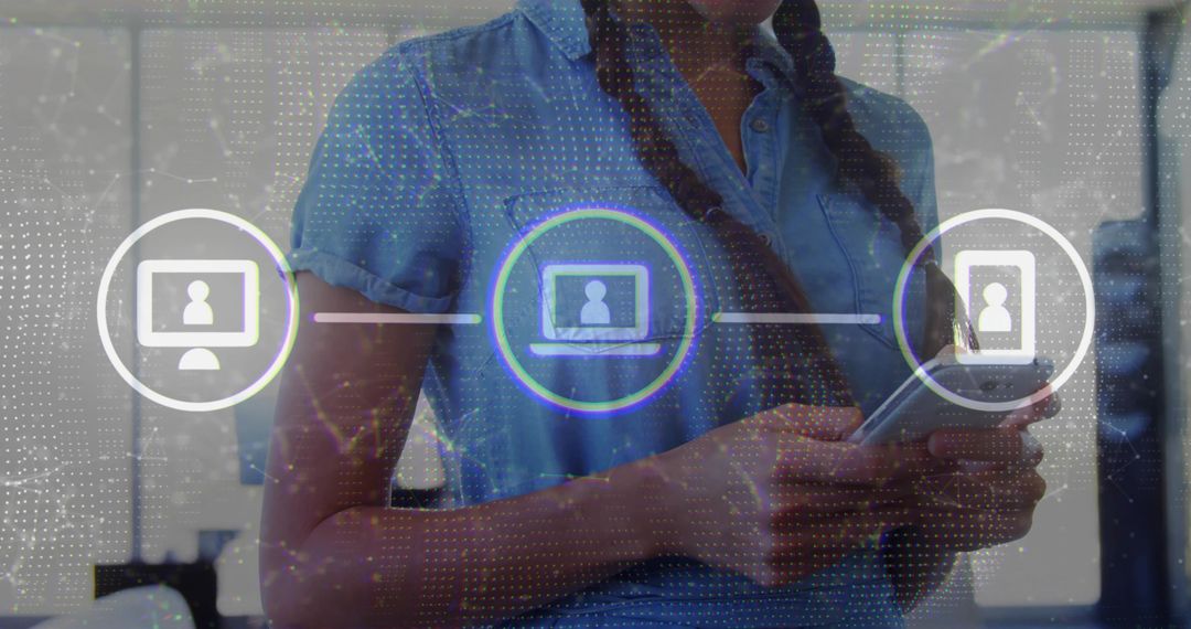 Professional Woman Checking Smartphone with Digital Network Overlay