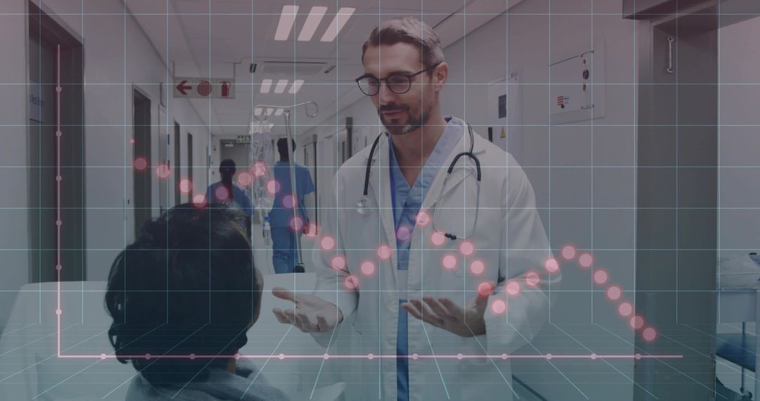 Doctor Explaining Healthcare Report to Patient with Data Overlay