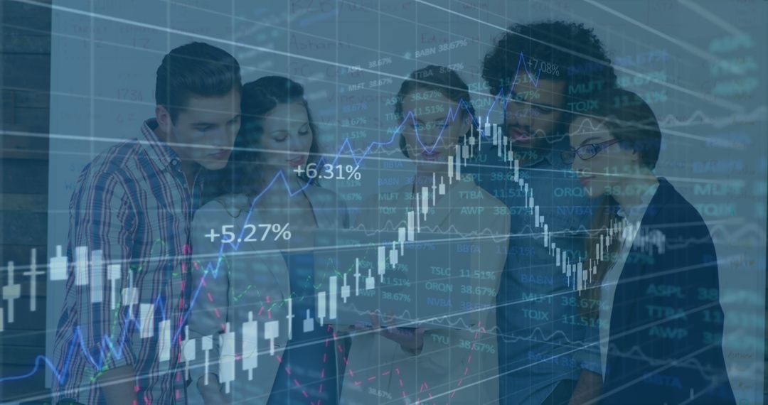 Co-workers Analyzing Data with Financial Chart Overlay in Office Setting - Free Images, Stock Photos and Pictures on Pikwizard.com